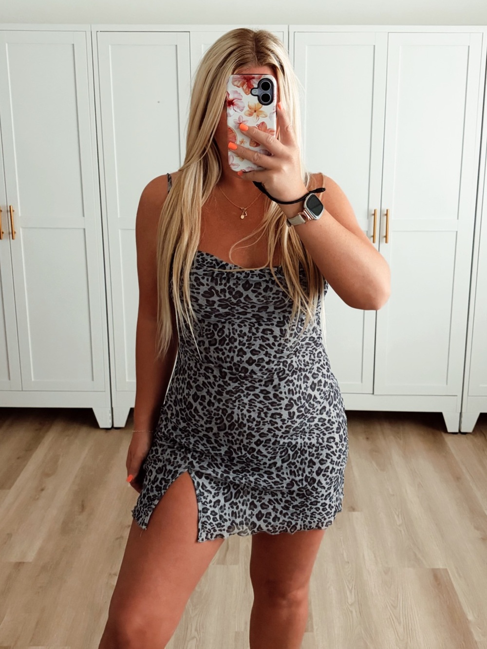 Gray and black leopard bring mini slit dress